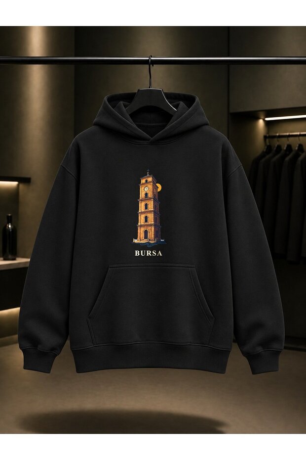 Bursa Tophane Clock Tower Printed Unisex 100% Cotton Hooded Sweatshirt