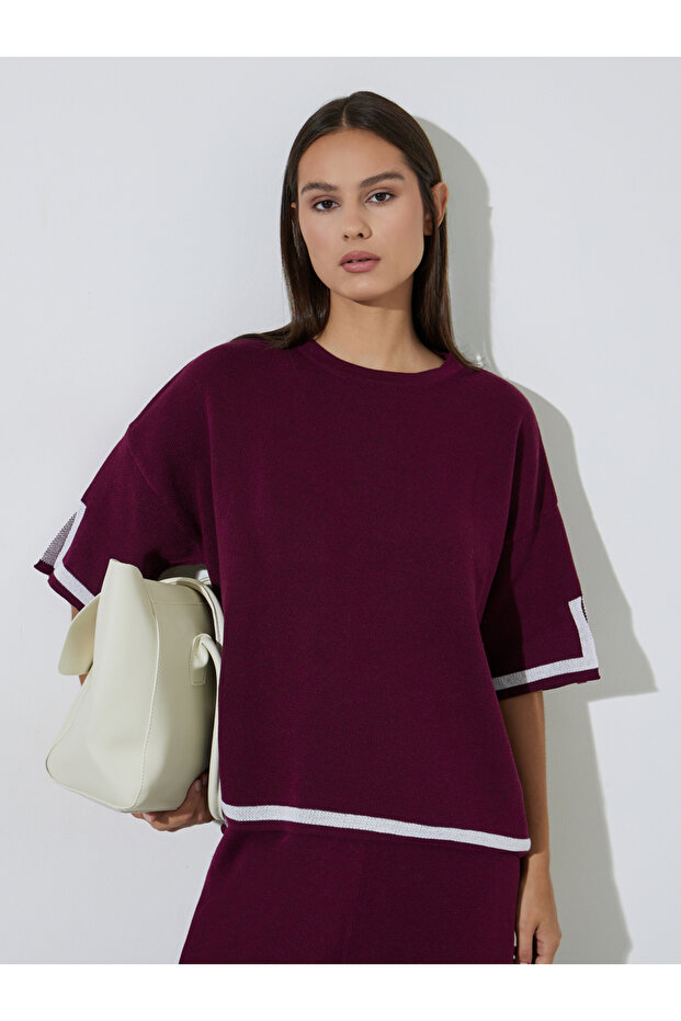 Burgundy Relaxed Knit Top with Contrast Trim