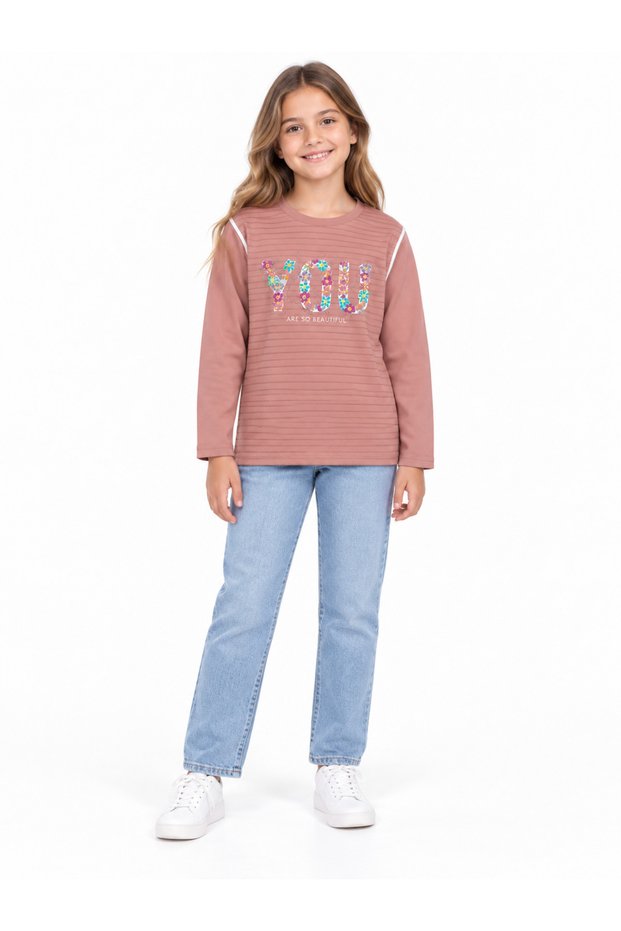 14009-26 Girl's Floral You Printed Seasonal Combed Cotton Sweatshirt