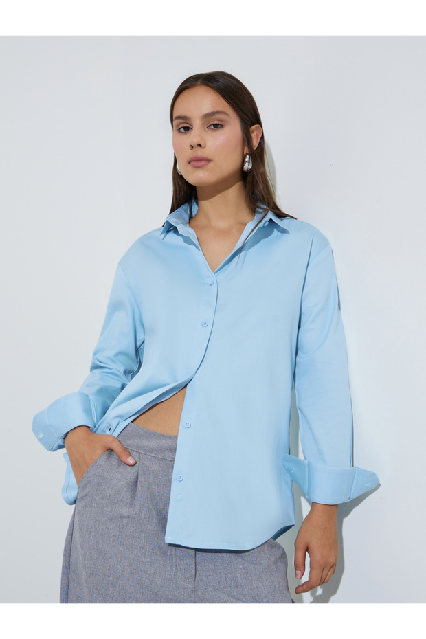 Blue Solid Longlined Long Sleeves Oversized Shirt