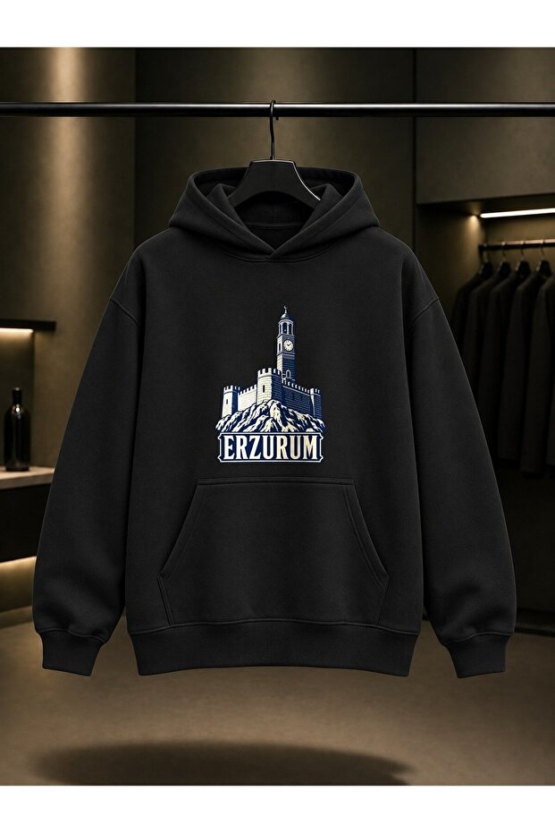 Erzurum Castle and Clock Tower Printed Unisex 100% Cotton Hooded Sweatshirt