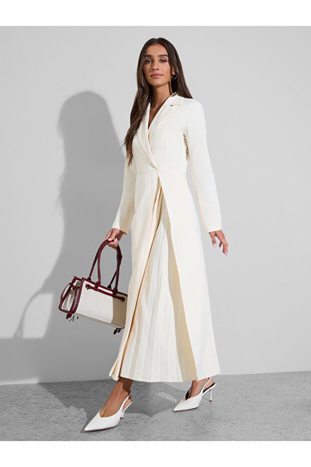 Cream Solid Collared Blazer Maxi Dress with Pleated Details