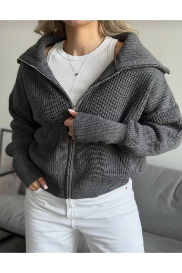 Women's Stretchy Knit Zip-Up Turn-Down Collar Soft Knitwear Cardigan Smoked
