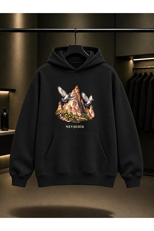 Nevşehir Pigeon Valley Printed Unisex 100% Cotton Hooded Sweatshirt