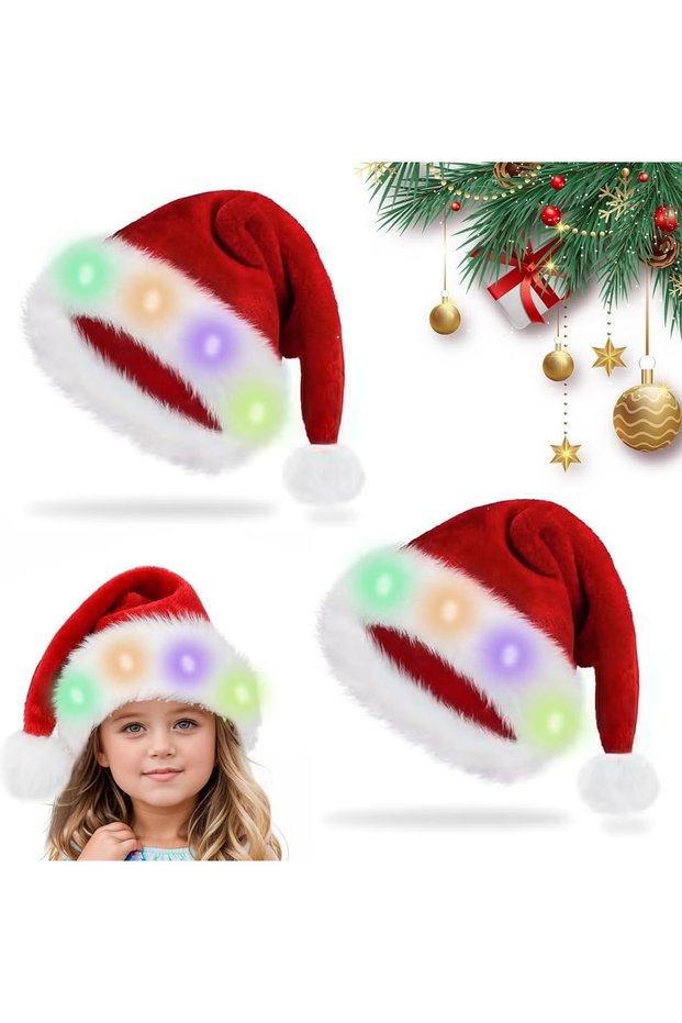 3pc Santa Hat, Light up Christmas Hat, Santa Hat with LED Lights, Flashing Santa Hat for Adults & kids Christmas Gifts