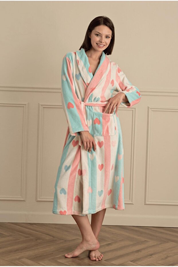 Women's Long Sleeve Welsoft Blue-Pink Long Dressing Gown C8T7N281