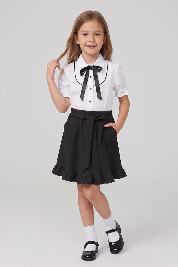 Girls' Black Bow Decorated Short Sleeve Shirt with Black Ribbons Black Bow Decorated Ruffle Skirt with Pockets October 29 April 23 Show Outfits