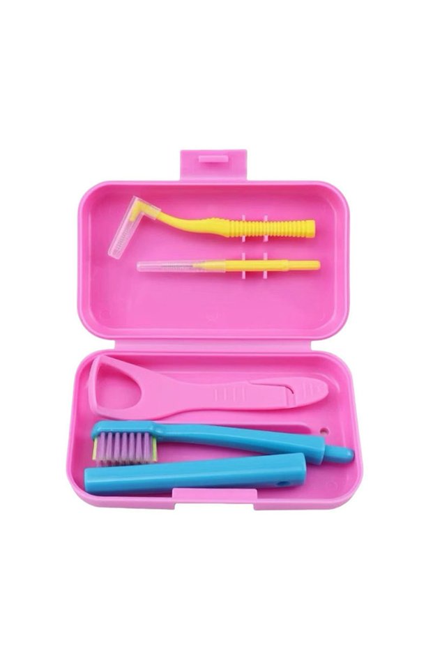 Pink Dental Cleaning Care Kits Orthodontic Oral Care Brush Tongue Scraper Interdental Brush Travel S