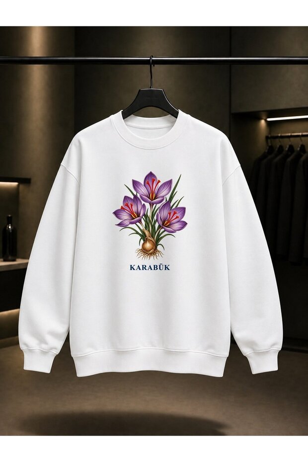 Karabük Saffron Flower Printed Unisex 100% Cotton Sweatshirt