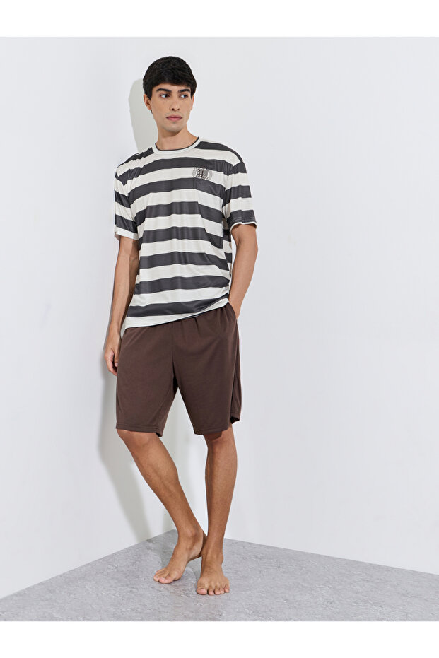 Multi-Color Striped T-Shirt and Solid Shorts Pyjama Set