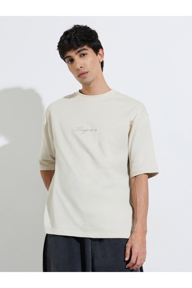 Grey Embroidered Crew Neck Oversized T-Shirt