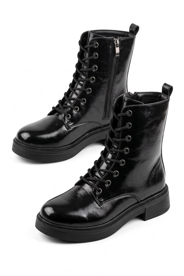 Women's Black Patent Leather Lace-Up and Zippered Boots Yoru
