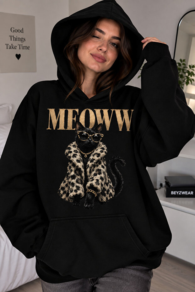 Women'S/Unisex Colorful Printed Black Hooded Sweatshirt & Hoodie