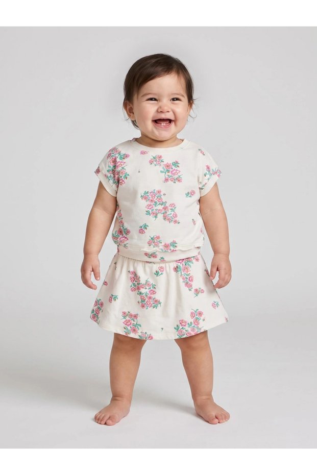 Baby Girl Off White All Over Floral Print T-Shirt and Skort Set