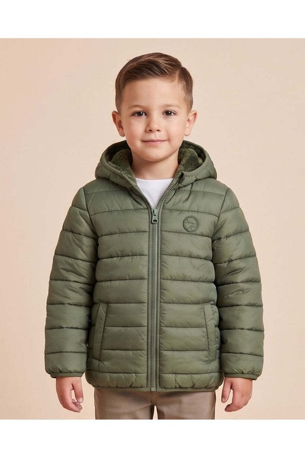 Boys Olive Puffer Hooded Jacket