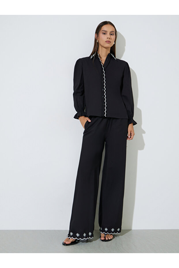 Black Embroidered Long Sleeves Shirt and Wide Leg Pants Set