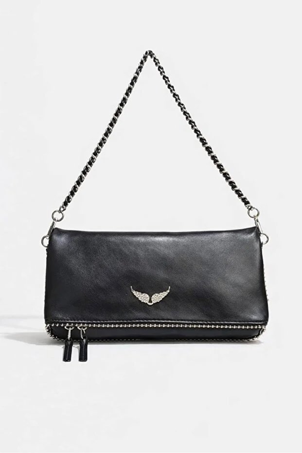 Black Soft Leather Bag with 2 Chain Straps and Black Wing Detail