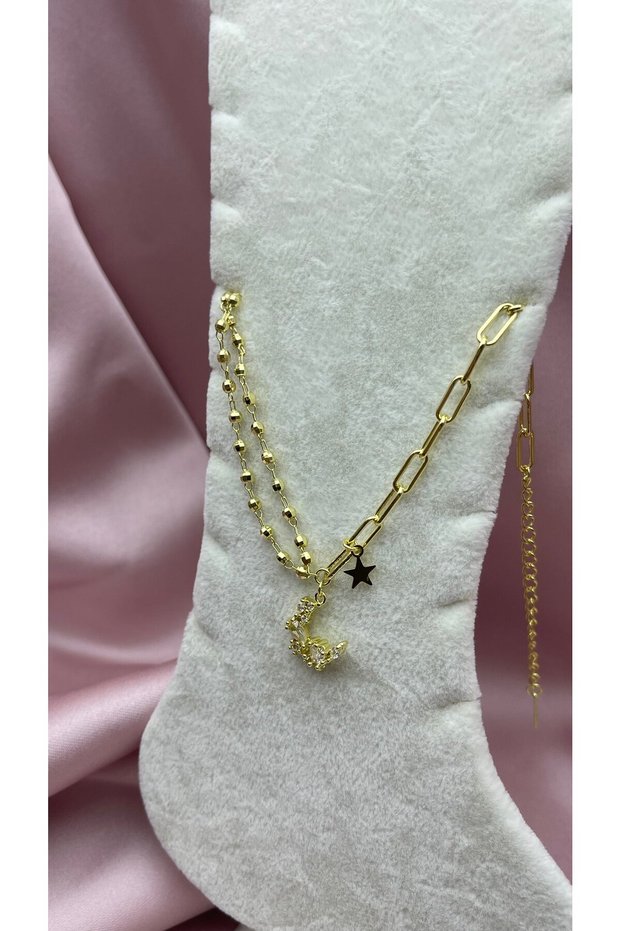 Gold Anklet with Stone Crescent and Star Details. "26Hal58"