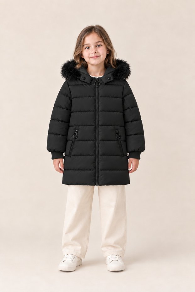 Girl's Fur Detailed Hooded Long Winter Puffer Coat - Black