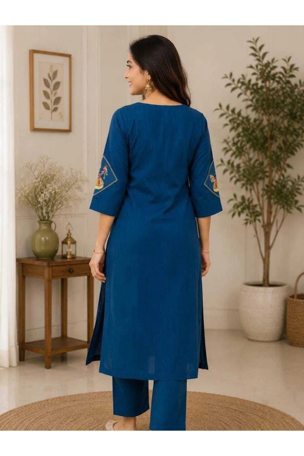 Blue Slub Cotton Embroidered Straight Kurta Pant Set - LRN9737 | Blue-Size:3XL-46-Inches