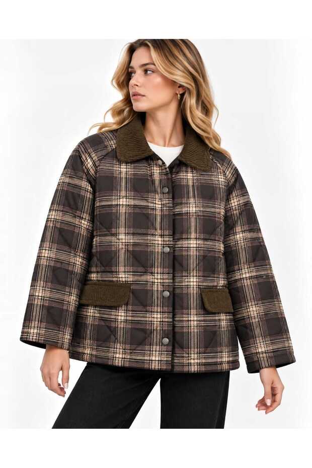 New Season Premium Quality Plaid Patterned Quilted Women's Jacket – Velvet Collar, Pocketed, Snap-Fastened Coat
