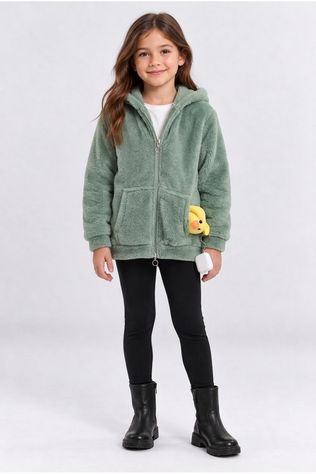 Girl's Hooded Plush Coat with Zipper Pockets and Duck Accessory Soft Winter Jacket Ak4127
