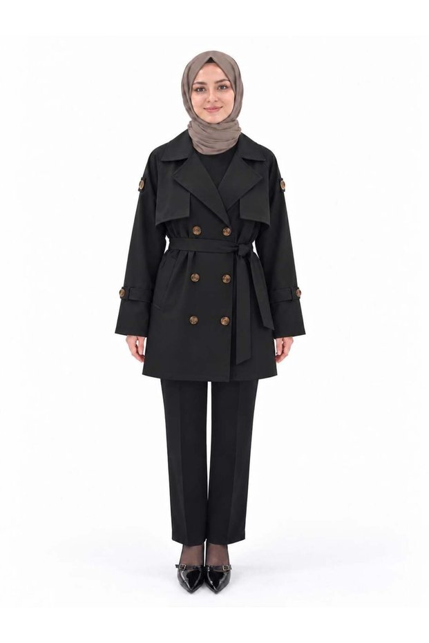 Women's Black Buttoned Unlined Belted Short Trench Coat with Shoulder Detail