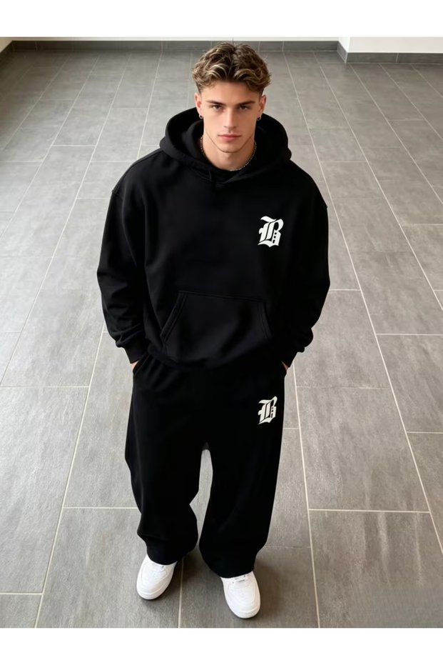 Men's Mix Printed Comfortable Fit Hooded Pocket Top Wide Leg Bottom Tracksuit Set