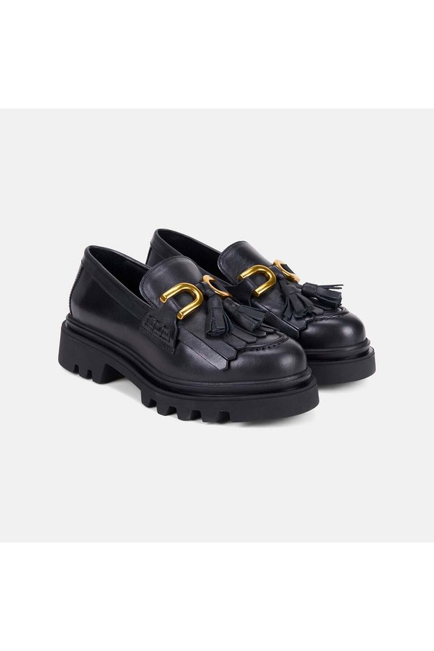 Women's Black Tasseled Thick-Toothed Sole Leather Loafer