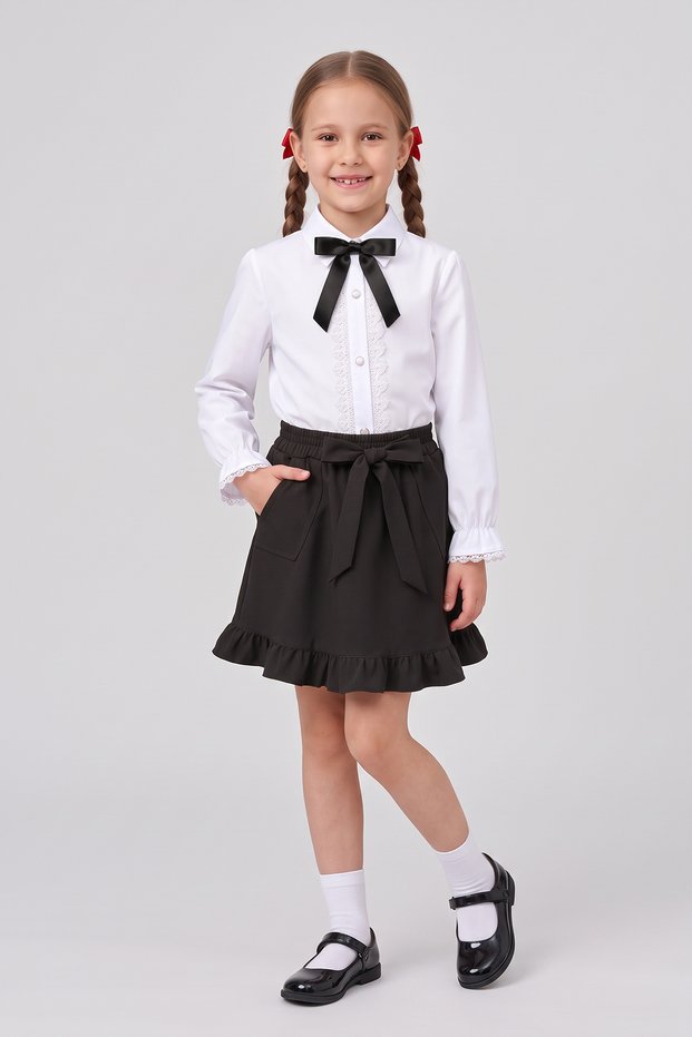 Girl's Black Bow Lace White Long Sleeve Shirt Black Bow Pocket Ruffle Skirt April 23 October 29 Show Outfit