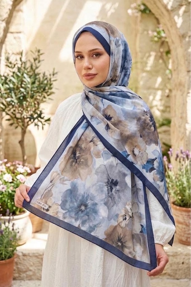 Mira Silk Patterned Cotton Soft Shawl Mena Series (Navy Blue Vizpn Ps66)