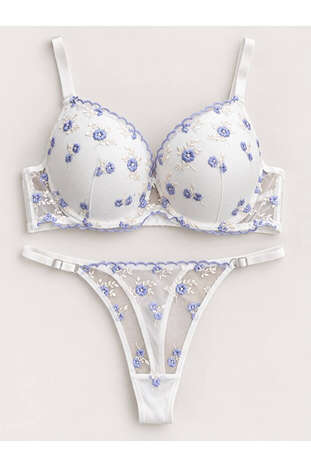 Women's Lilac Embossed Floral Patterned Supported Bra Set (Slim Fit)