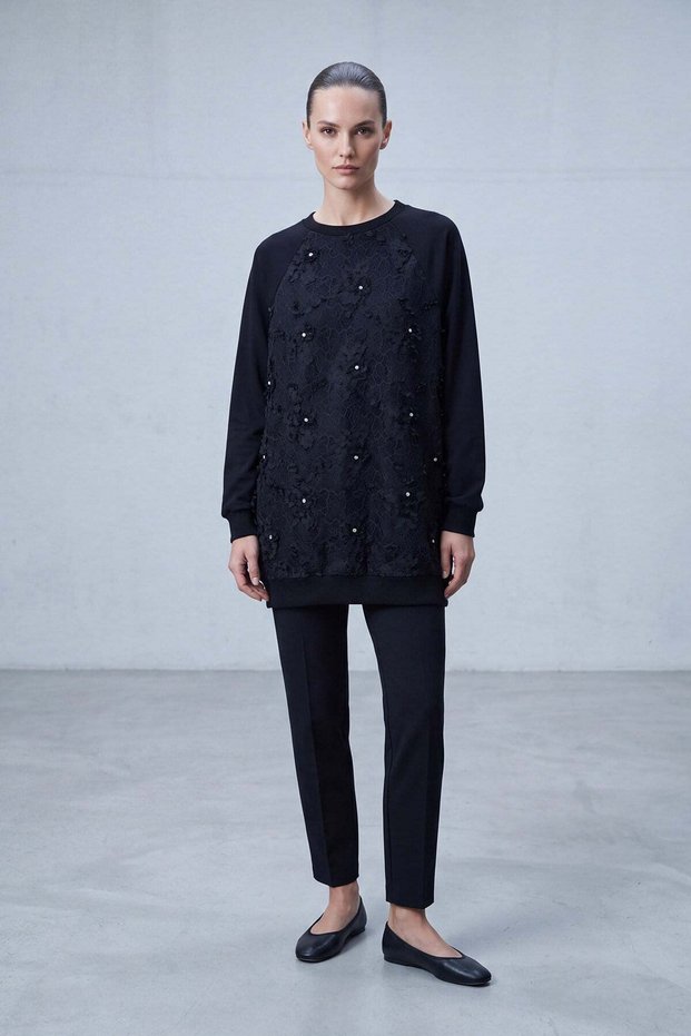 Lace Detailed Stone Embellished Tunic Black 10823