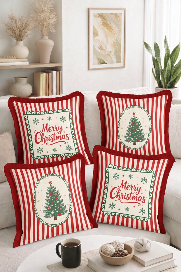 Merry Christmas Written Pine Tree Figured Red and White Striped 4-Piece Fringed-Tasseled Throw Pillow Cover
