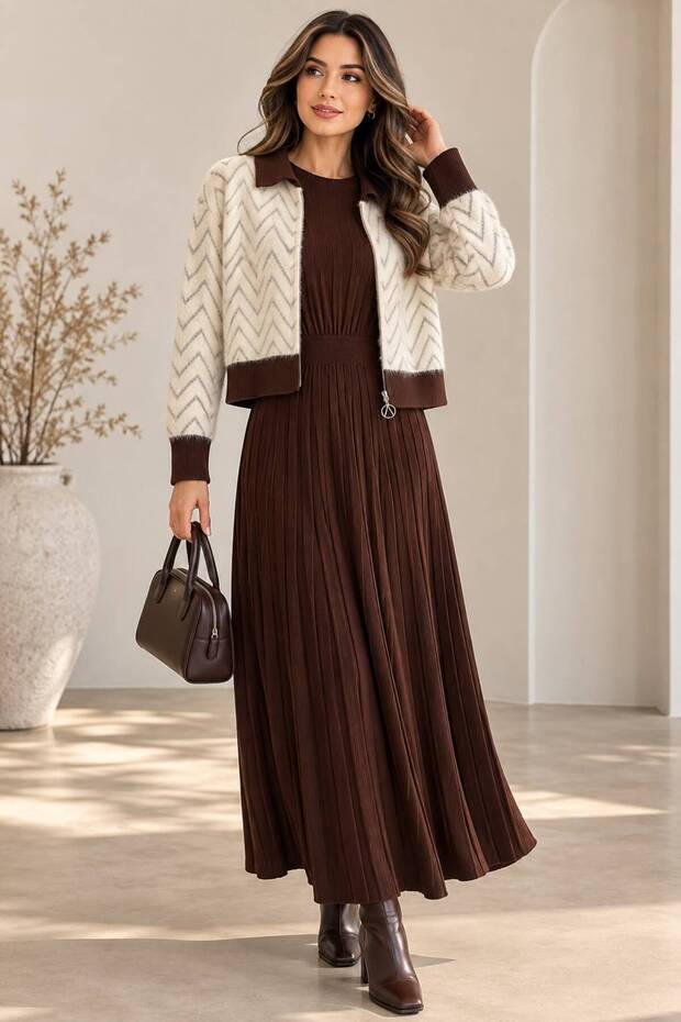 Zigzag Patterned Cardigan Detailed Pleated Maxi Dress Set