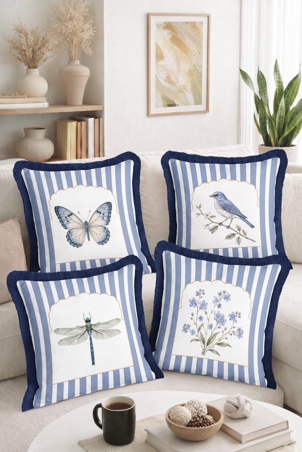 Decorative 4-Piece Fringed-Tasseled Throw Pillow Cover with Butterfly, Bird, Dragonfly and Flower Patterns and Blue Stripes