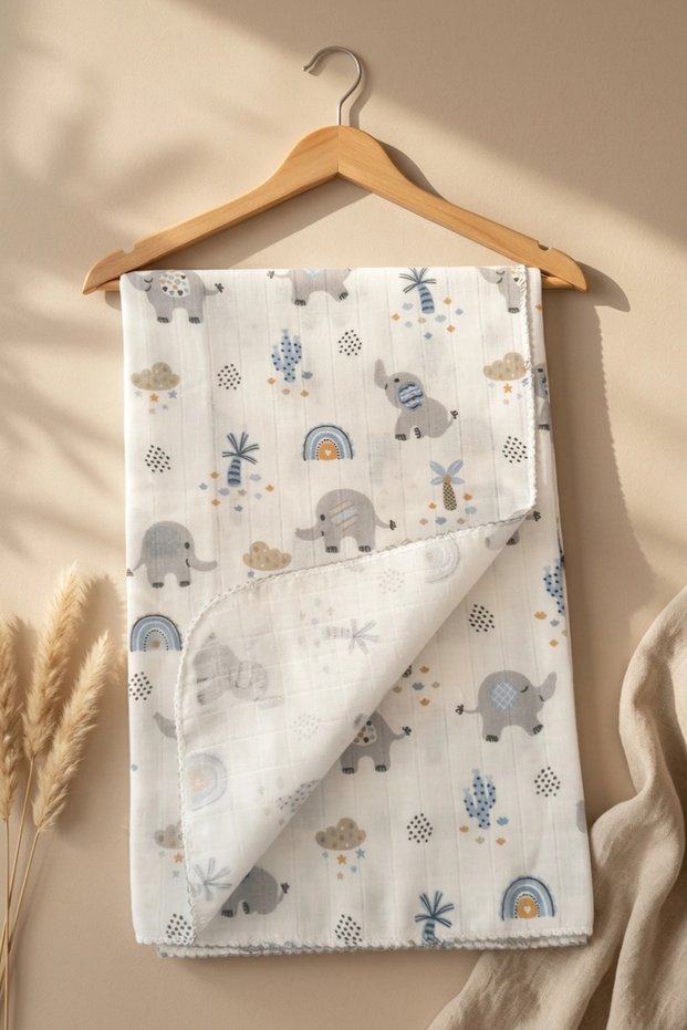Blue Elephant Patterned Cotton Muslin Baby Blanket with Piping and Embroidered Edges 90*90 cm