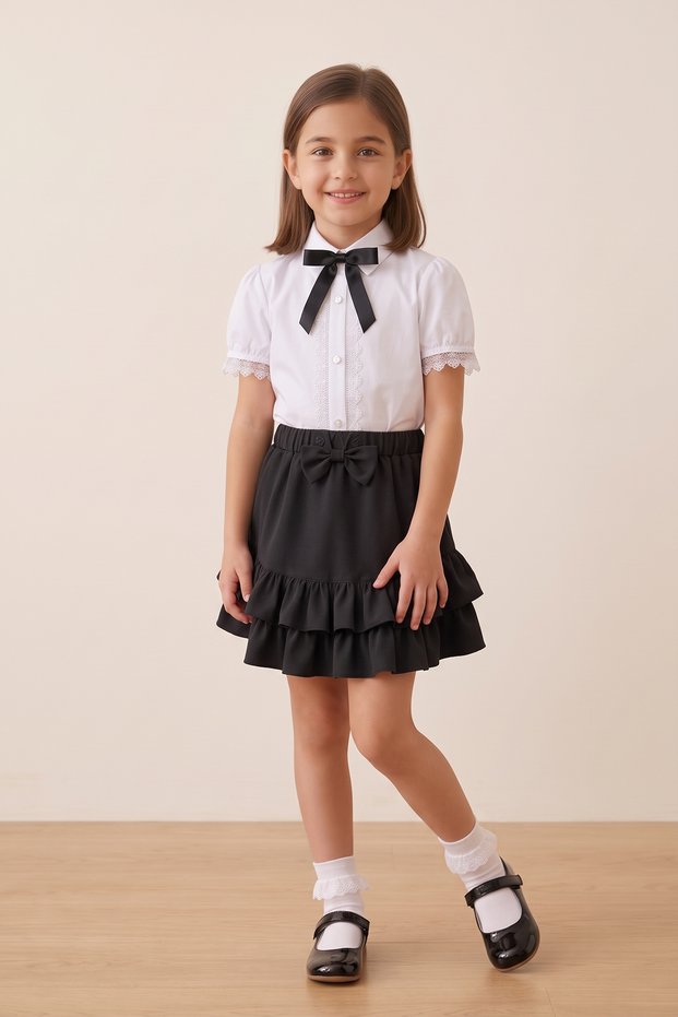 Girls' Black Bow Lace White Short Sleeve Shirt Black Bow Double Ruffle Skirt April 23 October 29 Show Outfit