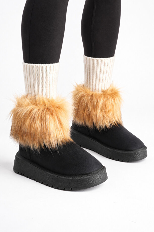 Women's Black Honey Color Fur Winter Boots with 5cm Thick Sole for Daily Wear