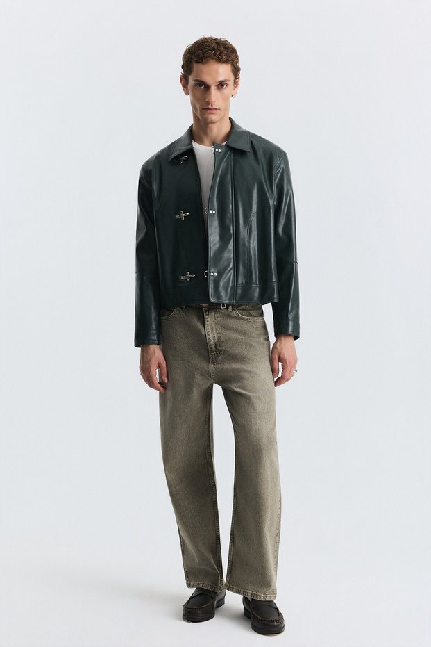 Metal Decorated Button Faux Leather Coat