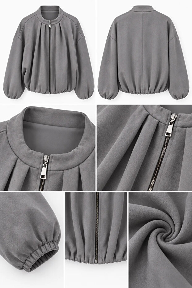 Pile Detailed Zippered Bomber Jacket