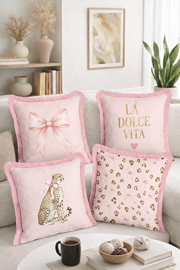 La Dolce Vita Written Bow, Leopard Figured and Patterned Decorative 4-Piece Fringed-Tasseled Throw Pillow Cover