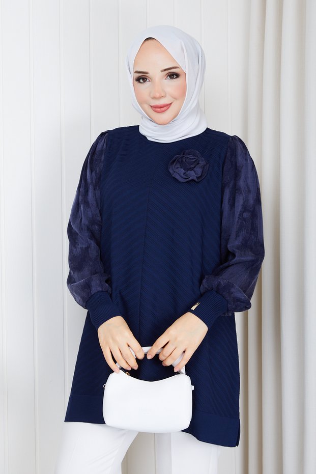 Women's Rose Detailed Sleeve Silk Kupra Mercerized Knitwear Tunic