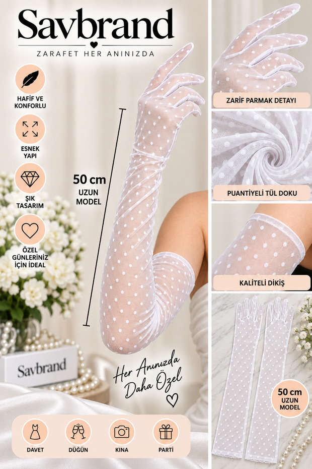50 cm Long Tulle Gloves Elegant Stylish Design Special Occasion and Event Gloves