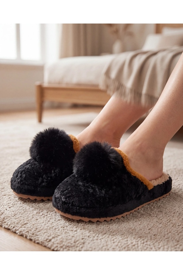 Pompom Plush House Slippers Soft Furry Warm Sole Comfortable Winter Slippers