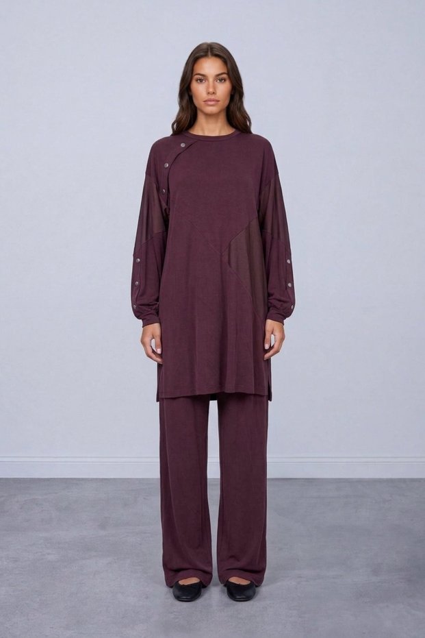 Sleeve and Collar Snap Button Tunic Trouser Set Mürdüm 14531