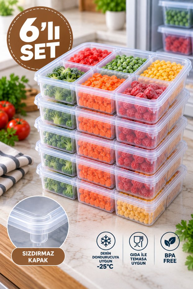 6 Compartments, 6 Leak-Proof Refrigerator Organizers, Freezer Storage Container - Winter Storage Container 2.1 Lt.