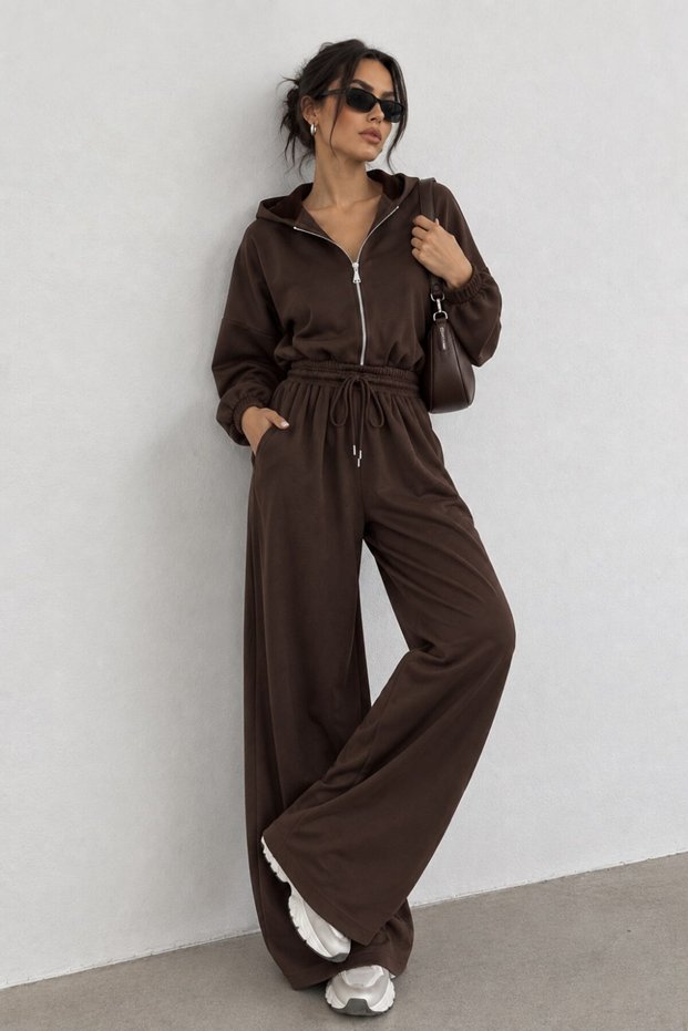 Women's Tracksuit Set Hooded Zipper Long Batwing Sleeves Drop Shoulder Elastic Waist and Lace-Up Pocket