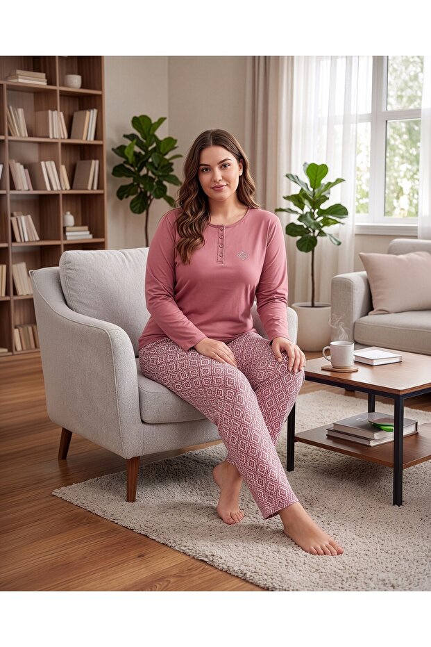 Women's retro pink 100% cotton solid fabric plus size comfortable fit pajama set