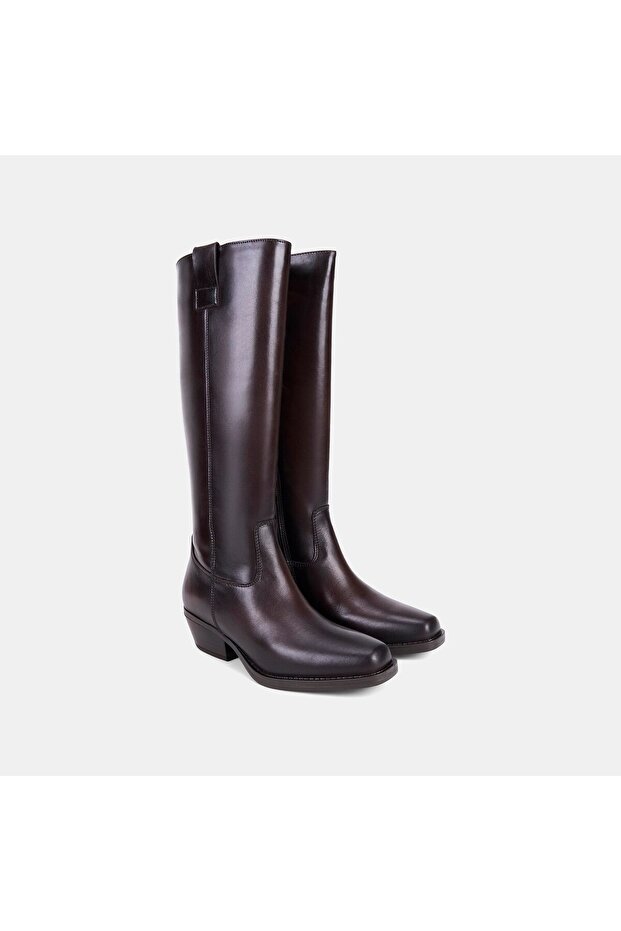 Women's Brown Square-Toe Zippered Short Heeled Leather Boots